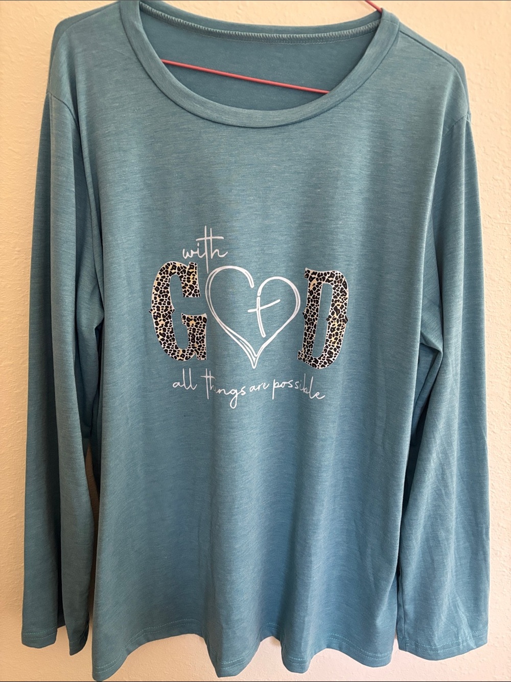 Ladies' Teal Long-Sleeve Graphic Tee with Leopard Print Accent